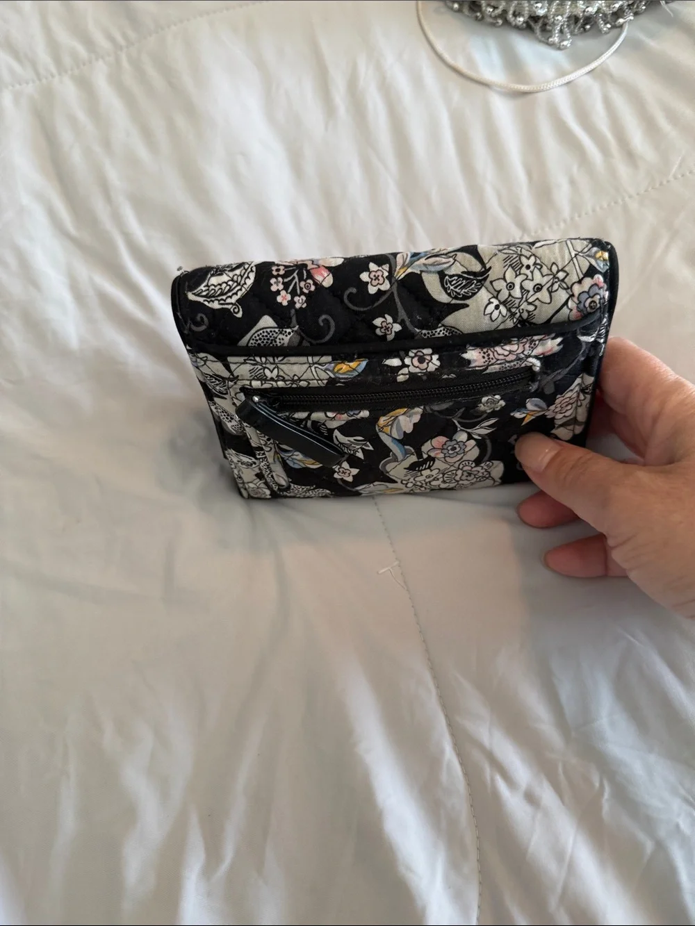 Vera Bradley Black Quilted Floral Fold-Over Travel Cosmetic Pouch